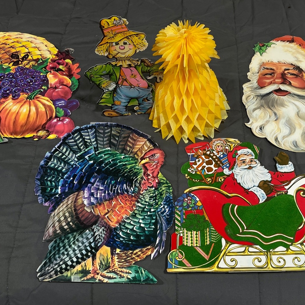 Vintage Beistle Thanksgiving, Christmas Decorations Lot + Scarecrow Centerpiece